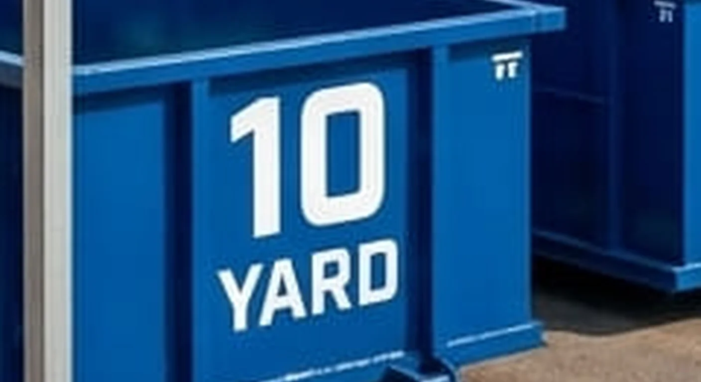 A clean, correctly-labeled 10 yard RJ Dumpster Rental Littleton roll-off container staged at the company yard, part of a five-container size lineup