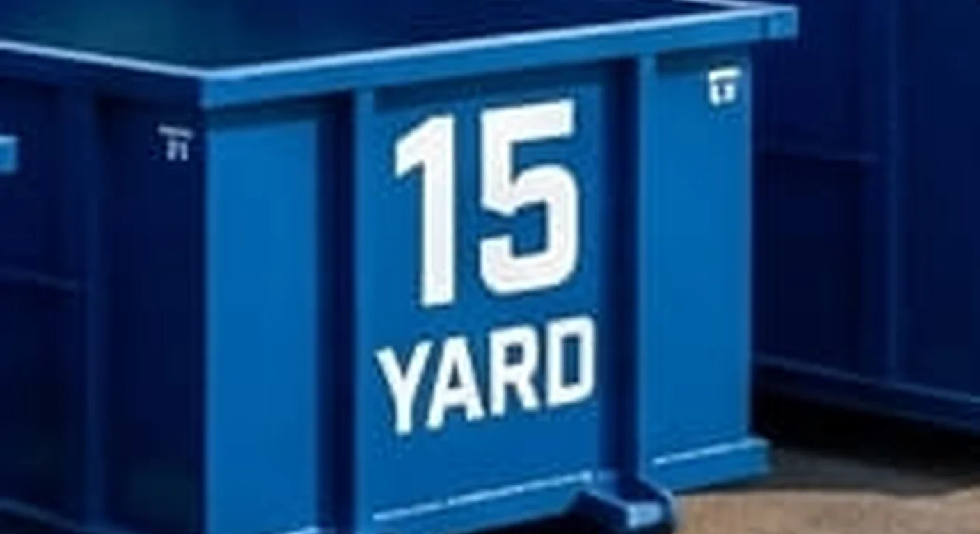 15 Yard Dumpster Rental in Littleton, CO A clean, correctly-labeled 15 yard RJ Dumpster Rental Littleton roll-off container staged at the company yard, part of a five-container size lineup
