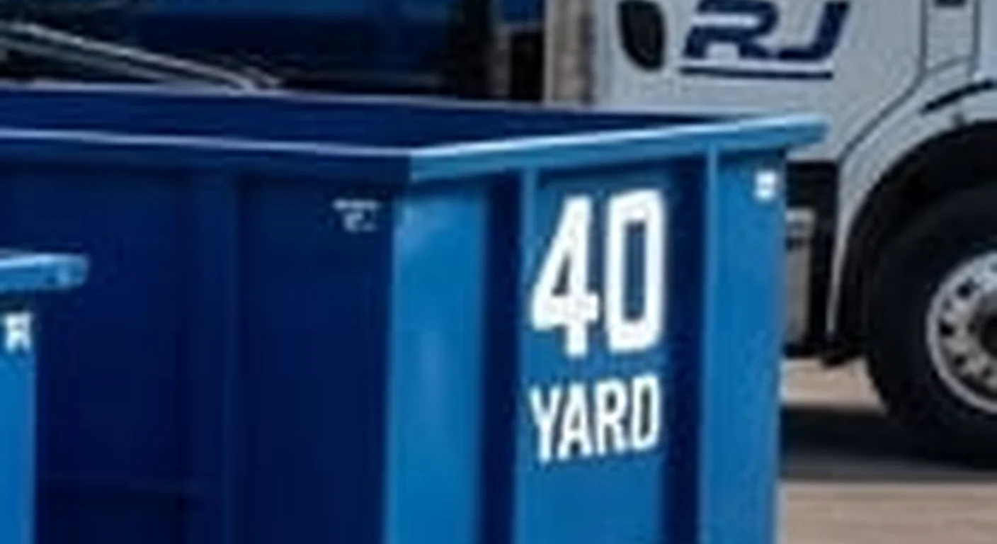 40 Yard Dumpster Rental in Littleton, CO A clean, correctly-labeled 40 yard RJ Dumpster Rental Littleton roll-off container staged at the company yard, part of a five-container size lineup