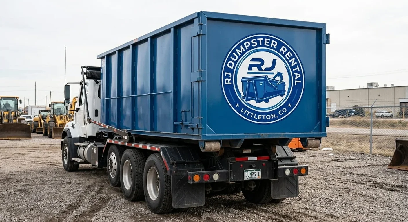 An RJ Dumpster Rental Littleton roll-off dumpster truck delivering a container for a commercial job