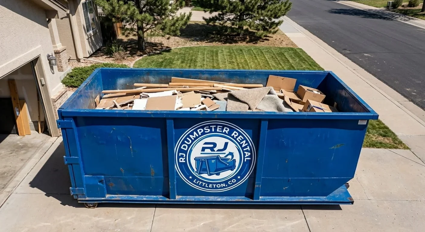 Construction dumpster rental in Bow Mar, CO An RJ Dumpster Rental Littleton roll-off dumpster delivered to an active construction site in Bow Mar, CO