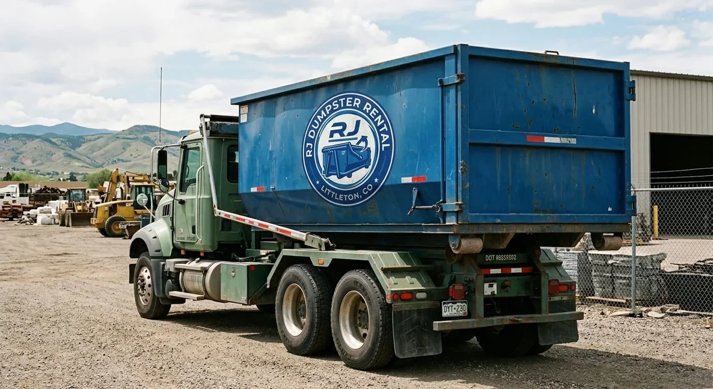 RJ Dumpster Rental Littleton trucks staged at the company yard, ready for a construction-site delivery