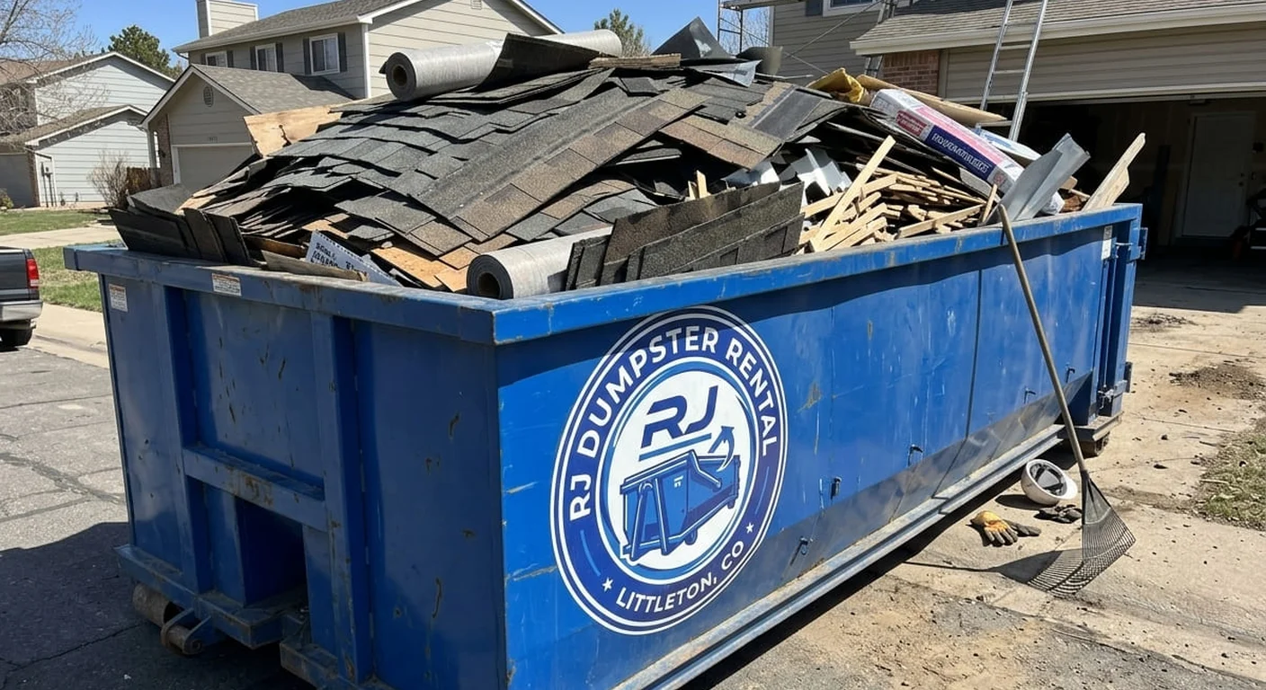 An RJ Dumpster Rental Littleton dumpster filled with real roofing tear-off debris in front of a home