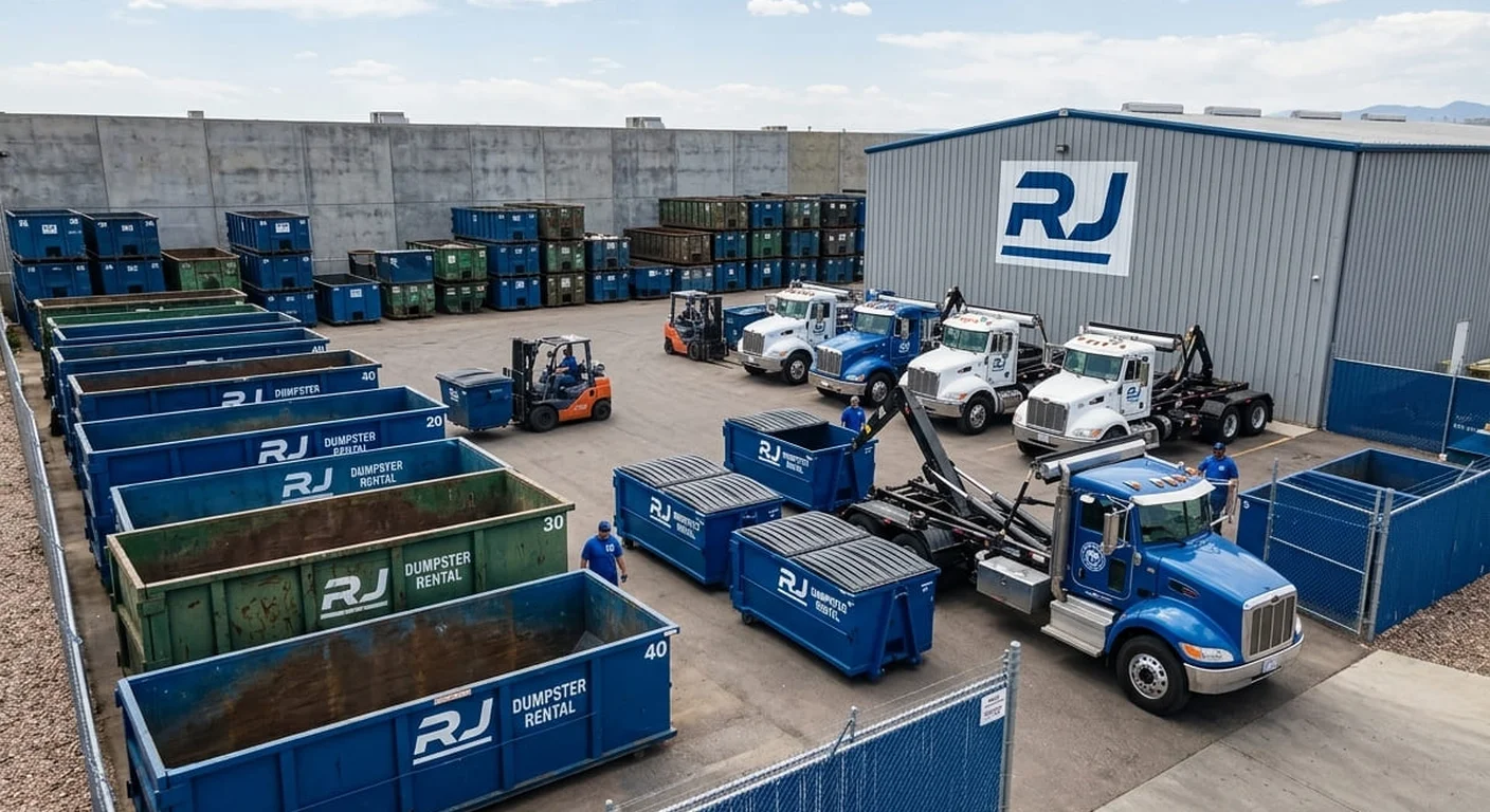 The RJ Dumpster Rental Littleton yard, with trucks staged for dispatch
