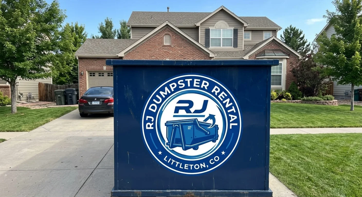 An RJ Dumpster Rental Littleton blue roll-off dumpster staged on a residential driveway