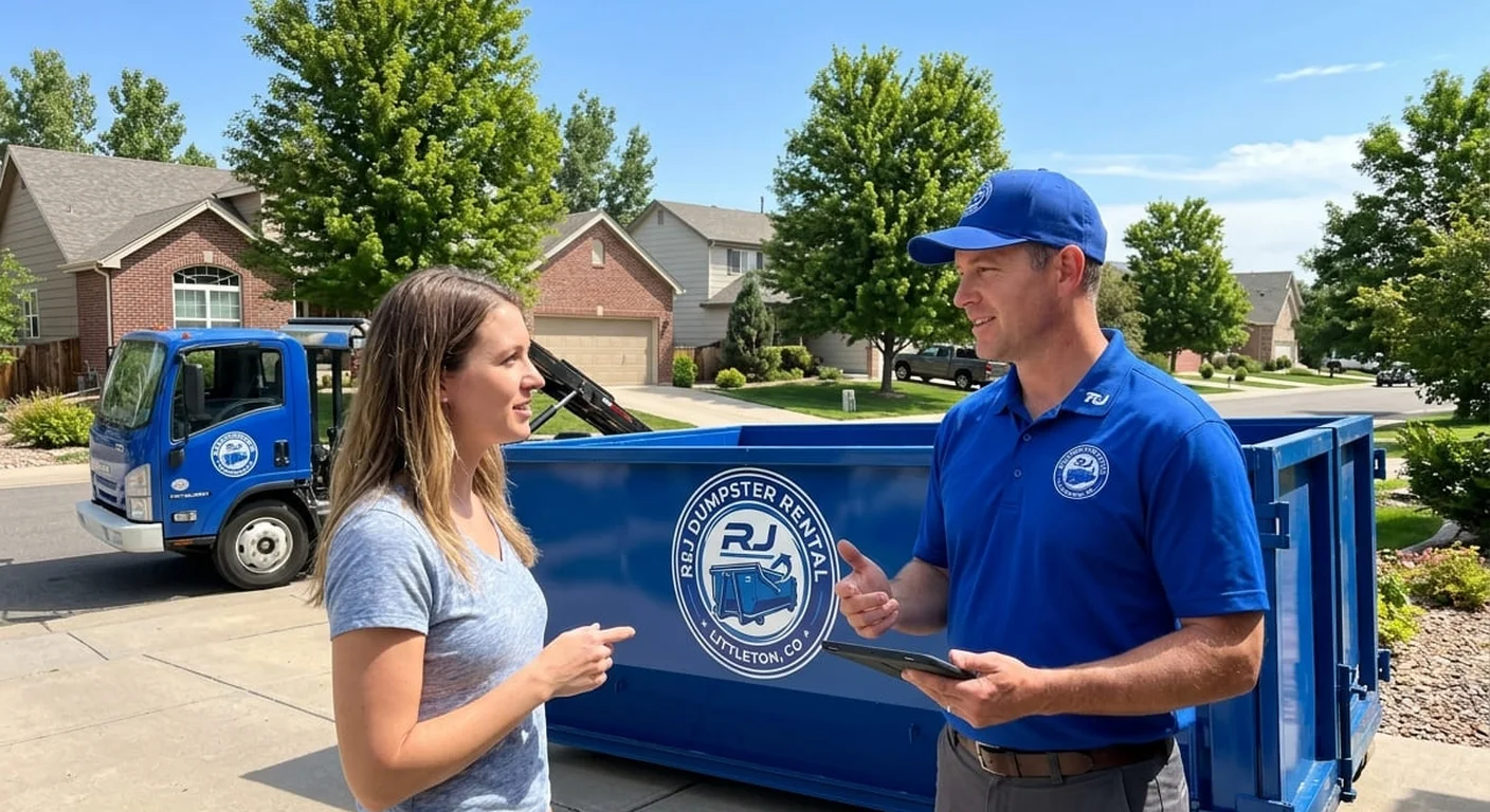 An RJ Dumpster Rental Littleton driver talking with a homeowner beside a delivered dumpster during a junk-removal job