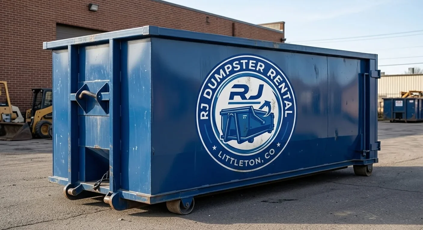 Roll-off dumpster rental in Englewood, CO An RJ Dumpster Rental Littleton roll-off dumpster staged and ready for drop-off in Englewood, CO