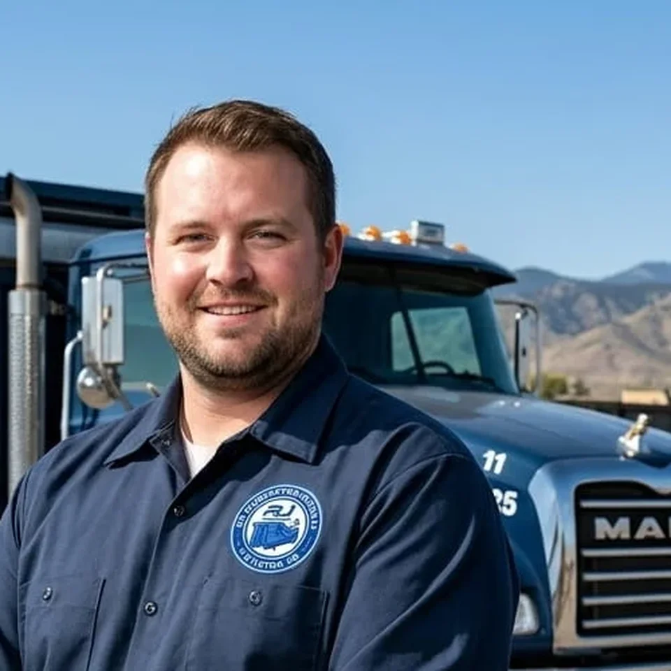 Jake Morrow, Lead Driver at RJ Dumpster Rental Littleton, standing beside a company roll-off truck